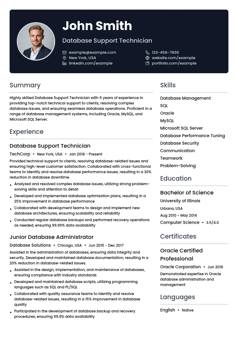 Database Support Technician resume example