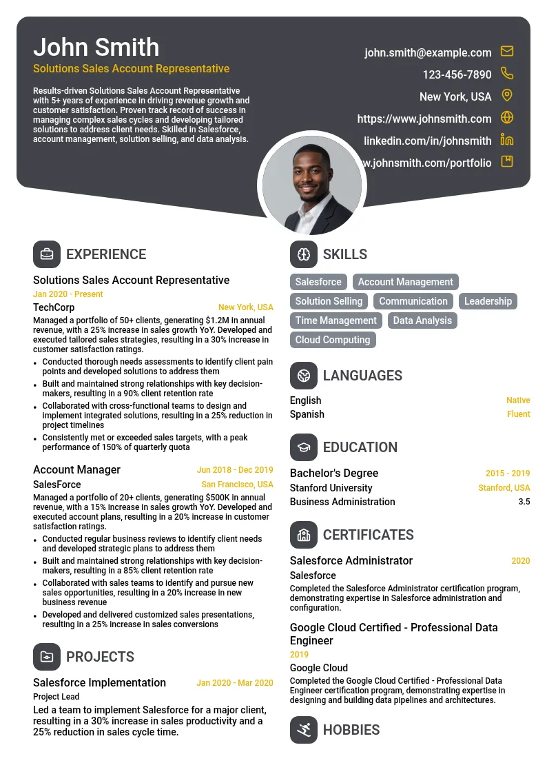Solutions Sales Account Representative resume example