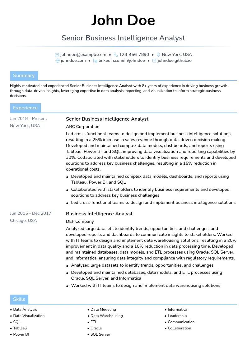 Senior Business Intelligence Analyst resume example