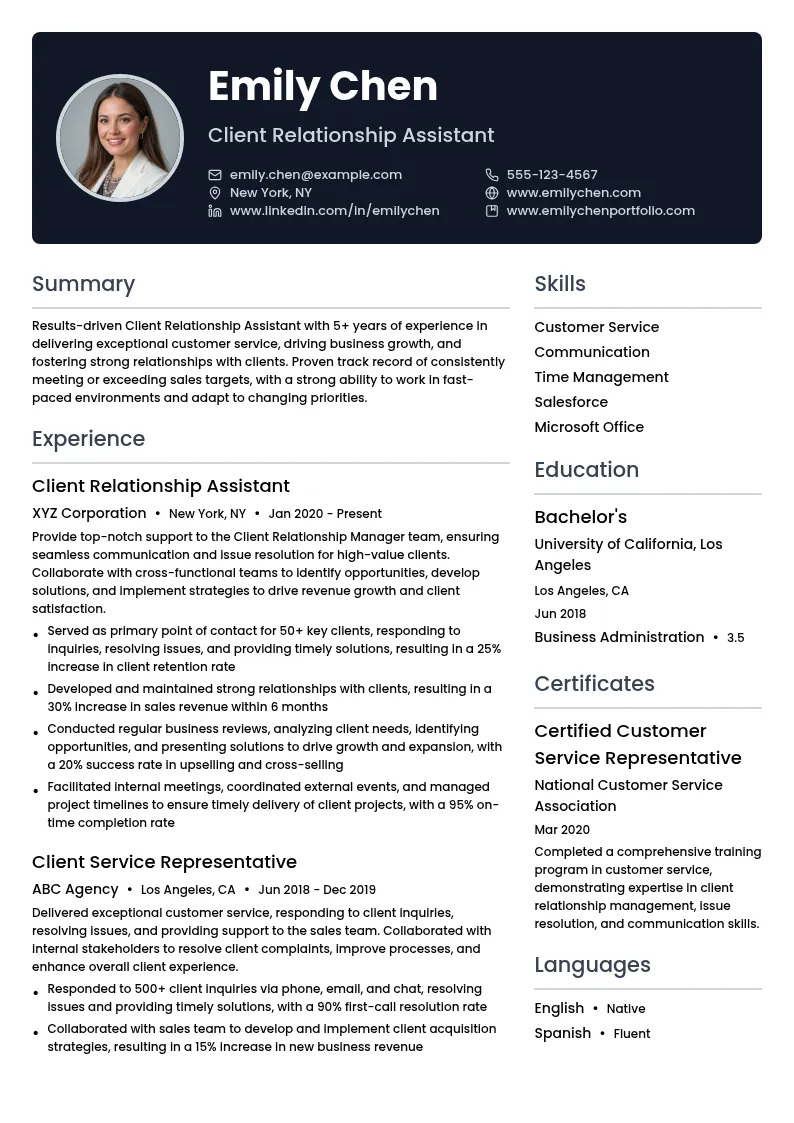 Client Relationship Assistant resume example