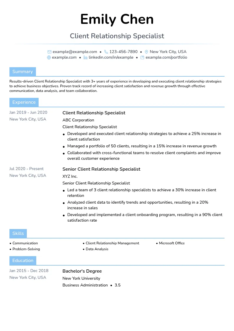 Client Relationship Specialist resume example