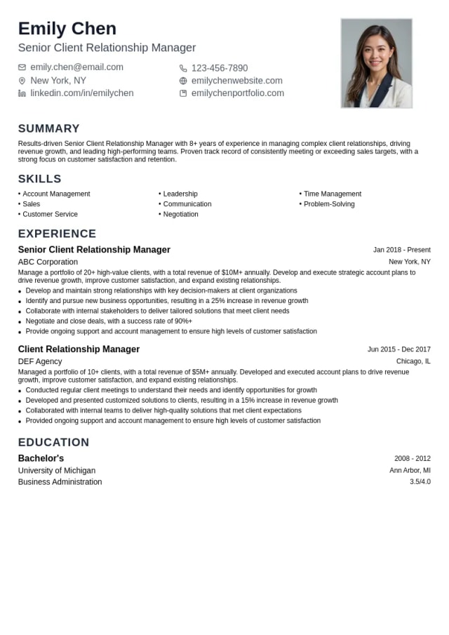Senior Client Relationship Manager resume example