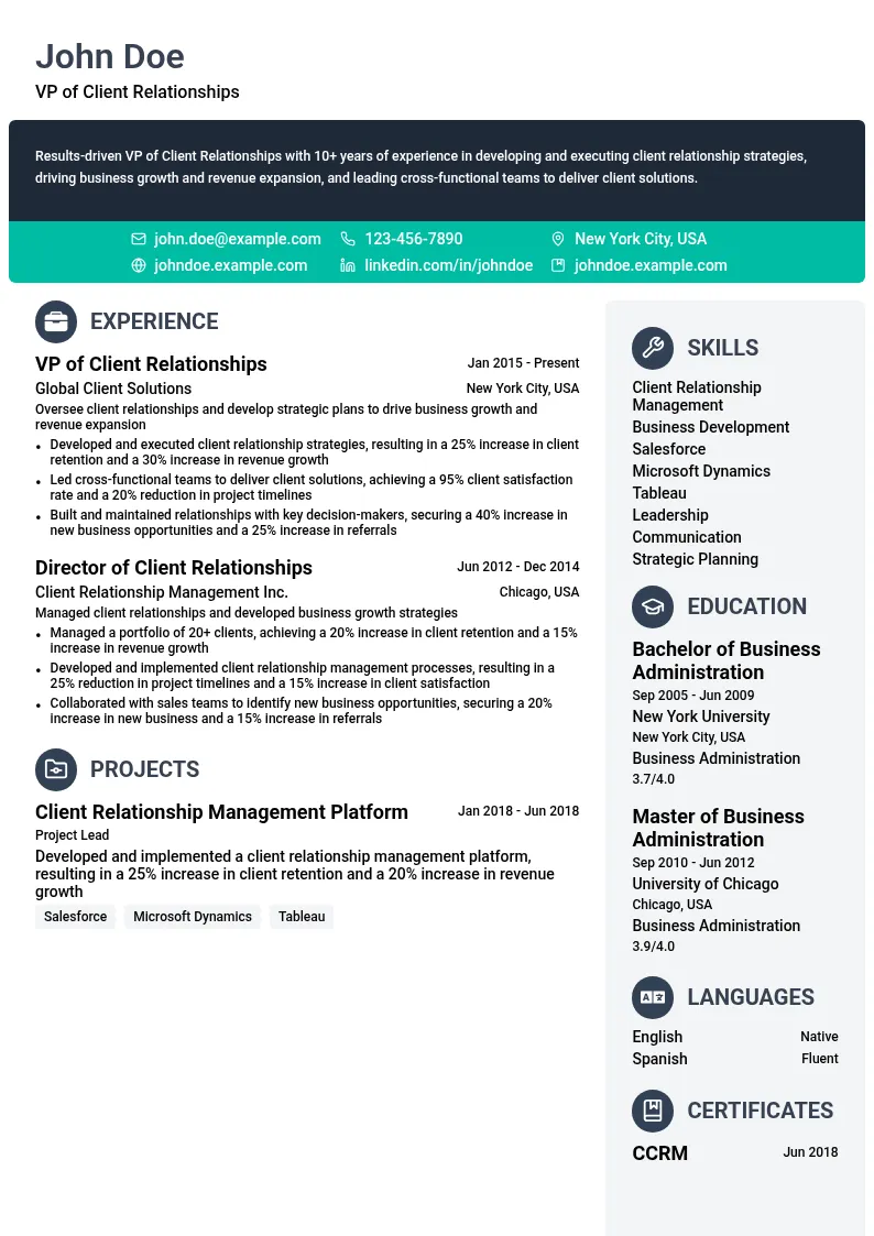 VP of Client Relationships resume example