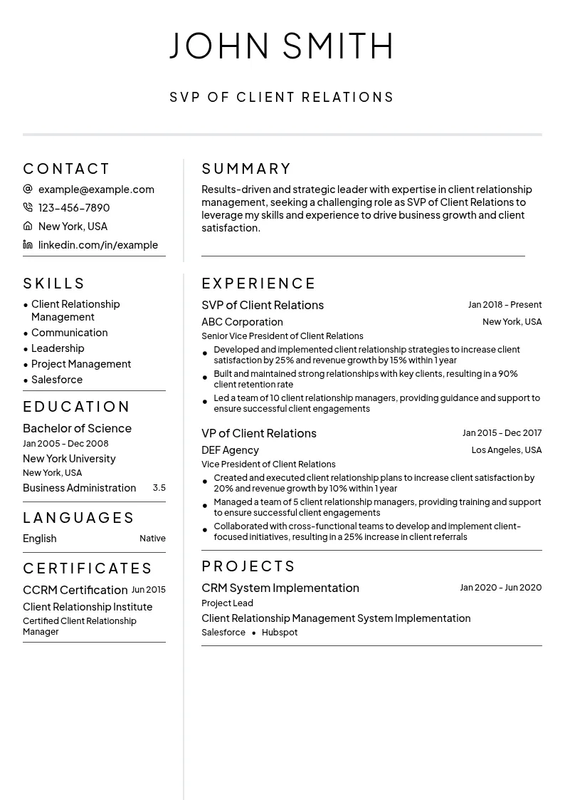 SVP of Client Relations resume example