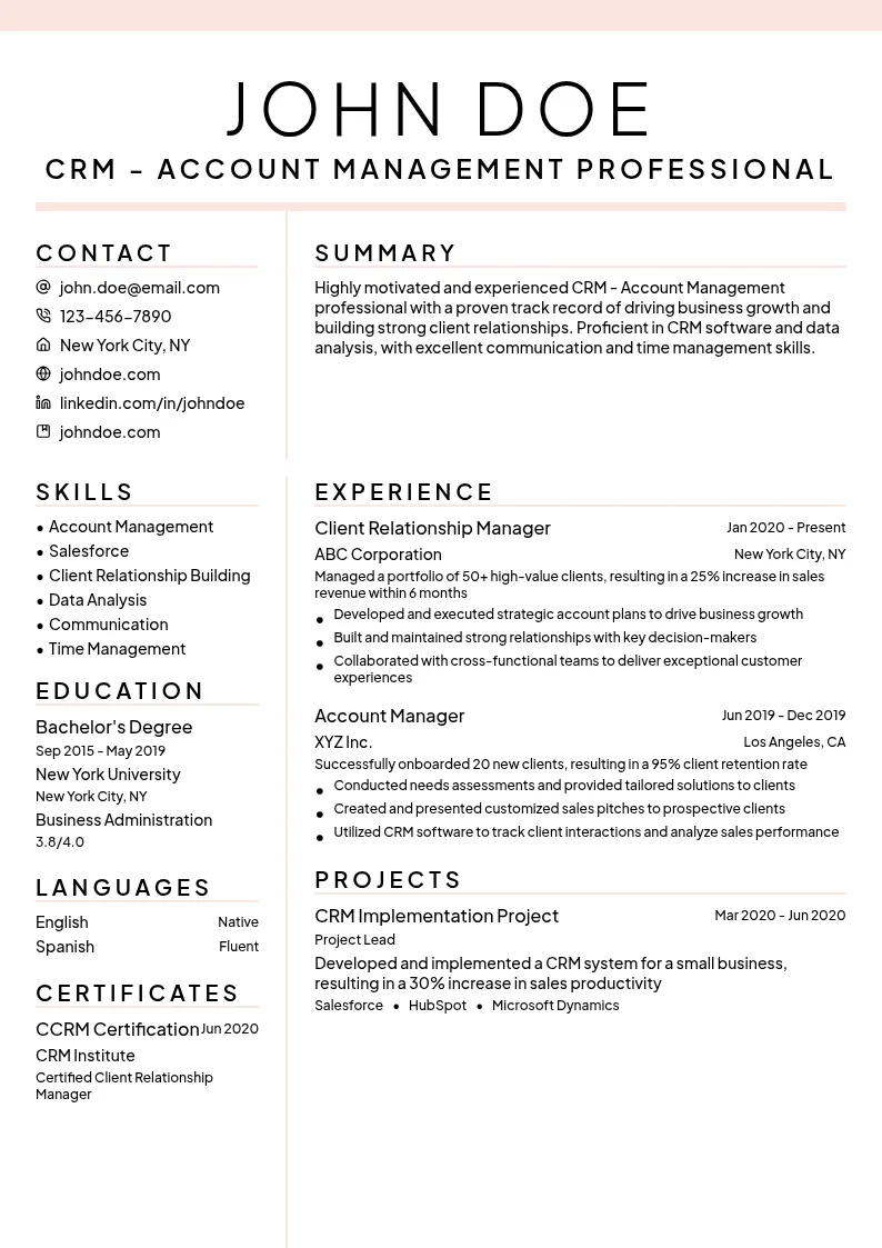 CRM - Account Management resume example