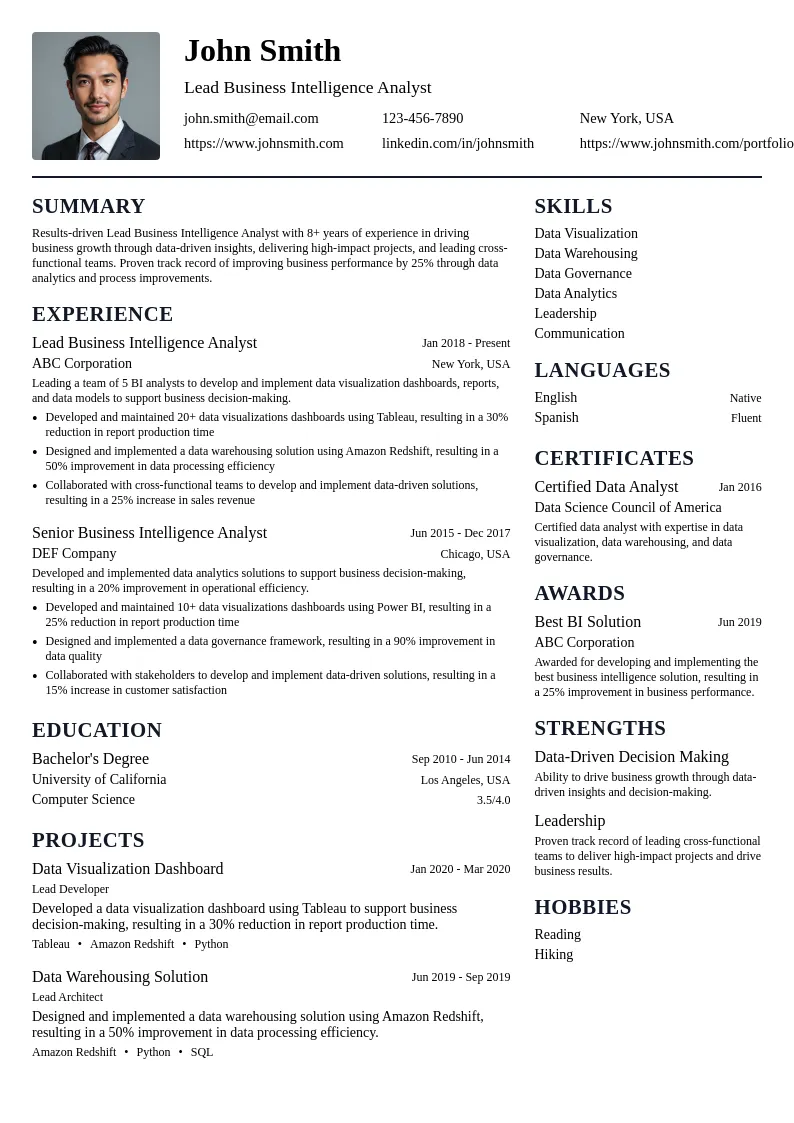 Lead Business Intelligence Analyst resume example