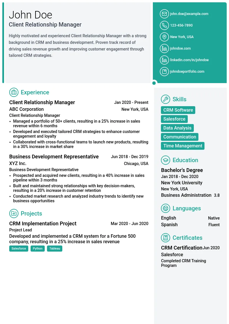 CRM - Business Development resume example