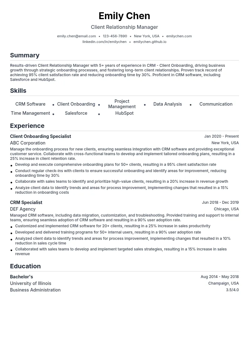 CRM - Client Onboarding resume example