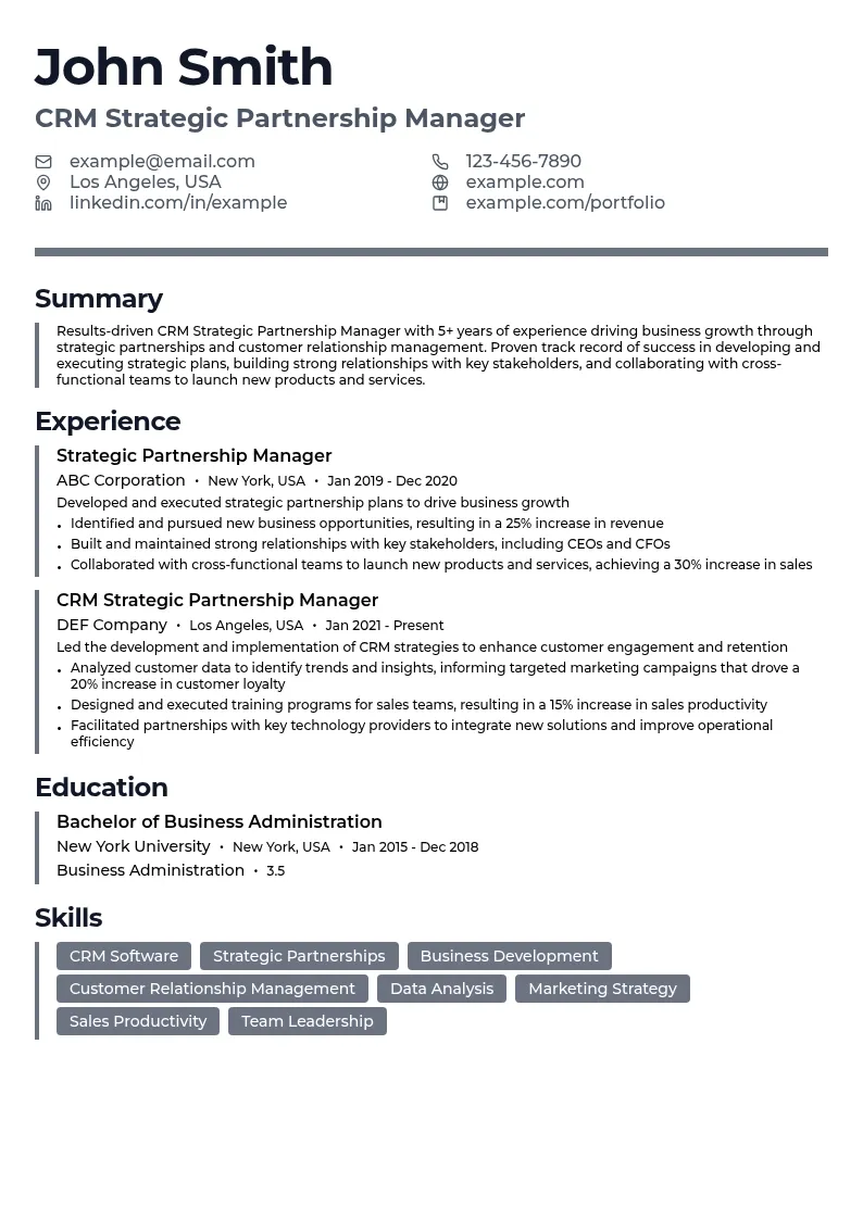 CRM - Strategic Partnership resume example