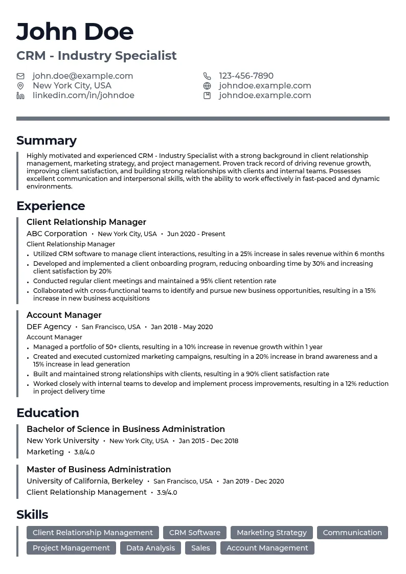 CRM - Industry Specialist resume example