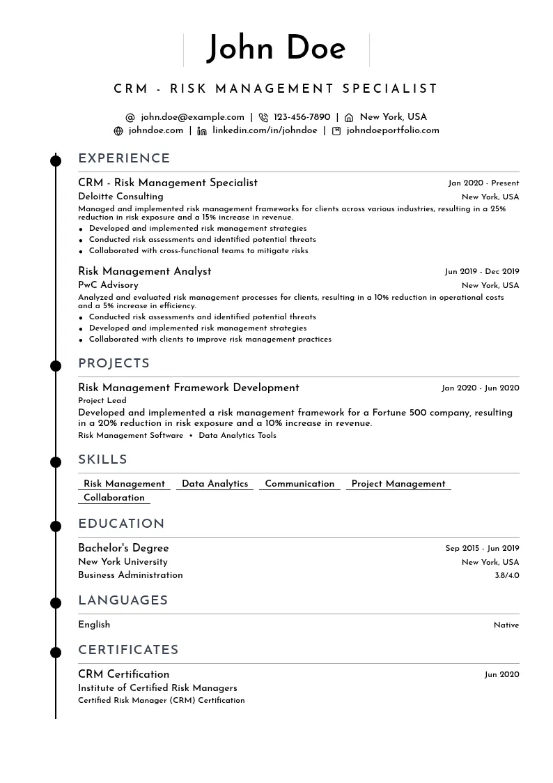 CRM - Risk Management Specialist resume example