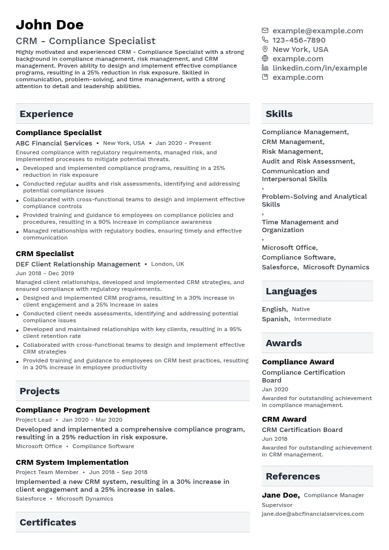 CRM - Compliance Specialist resume example