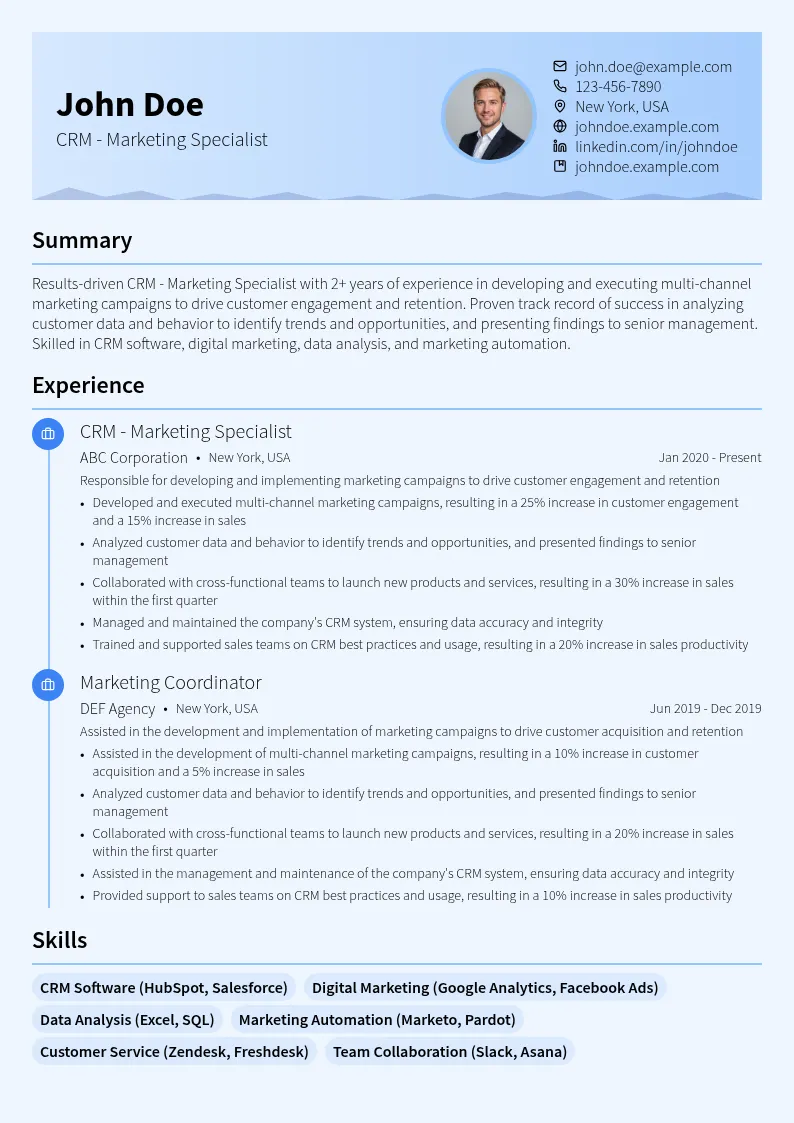 CRM - Marketing Specialist resume example