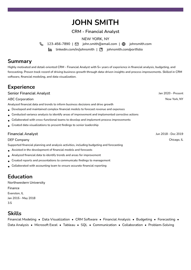 CRM - Financial Analyst resume example
