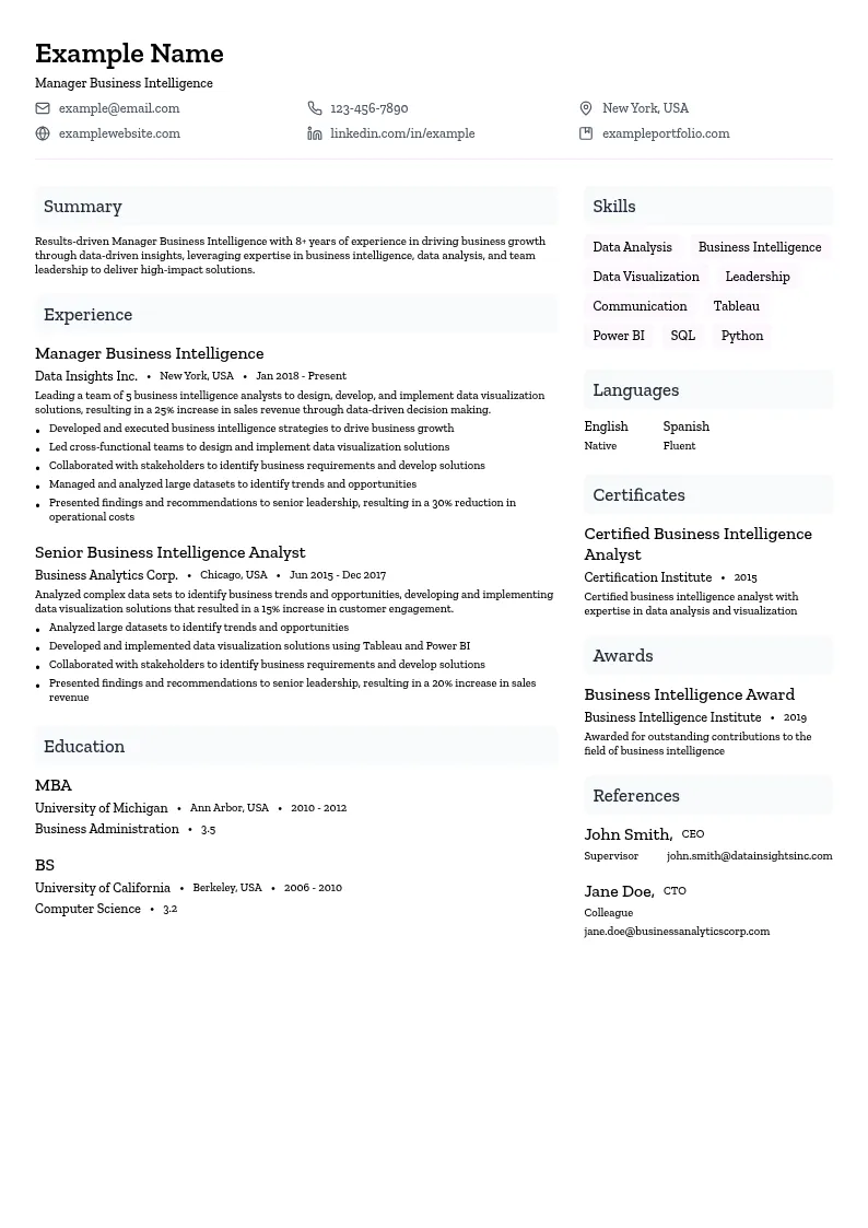 Manager Business Intelligence resume example