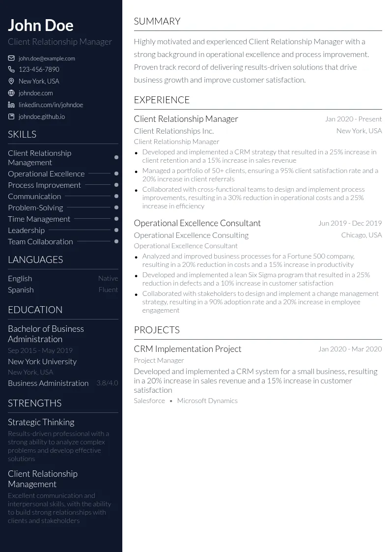 CRM - Operational Excellence resume example