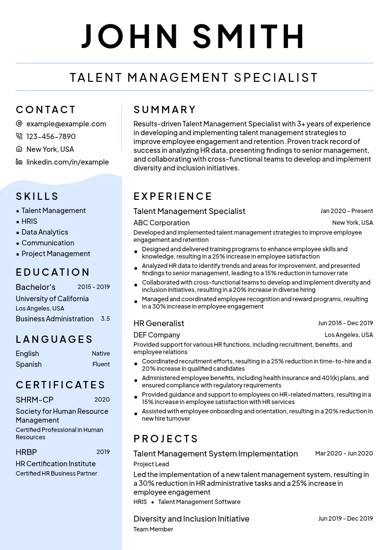 CRM - Talent Management resume example
