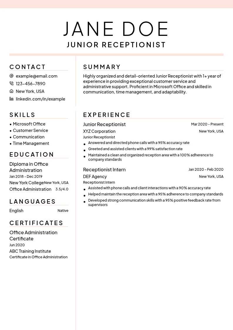 Junior Receptionist resume example