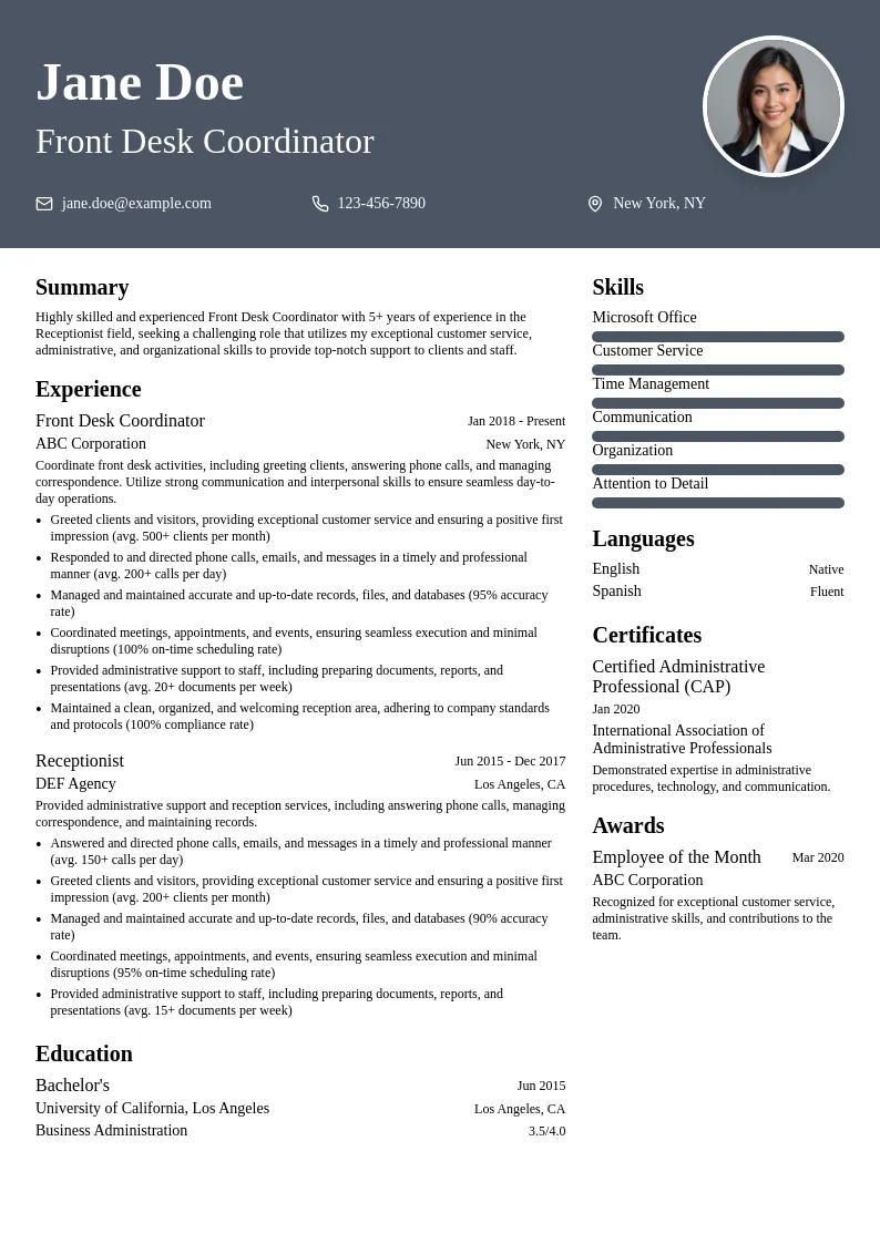 Front Desk Coordinator resume example