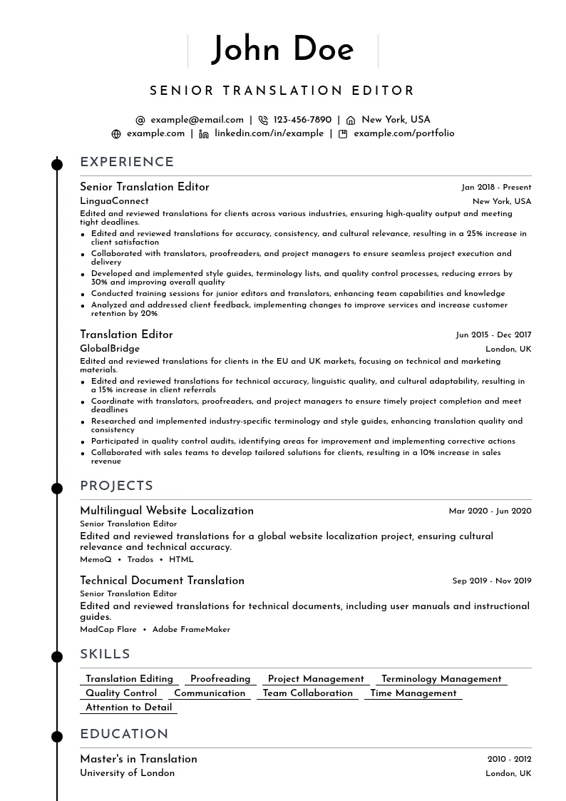Senior Translation Editor resume example