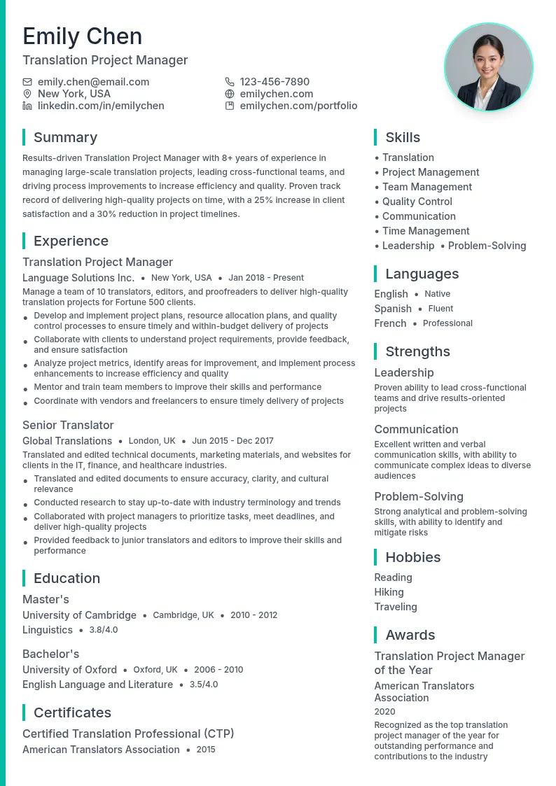Translation Project Manager resume example