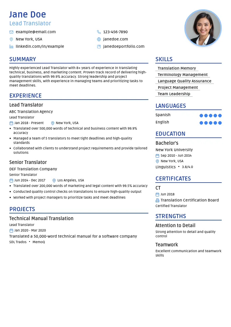 Lead Translator resume example