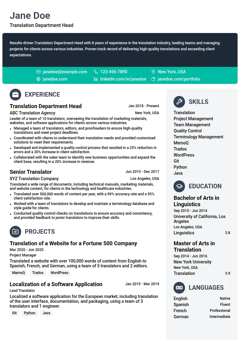 Translation Department Head resume example