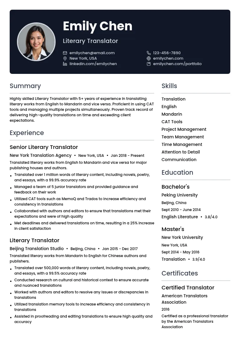 Literary Translator resume example