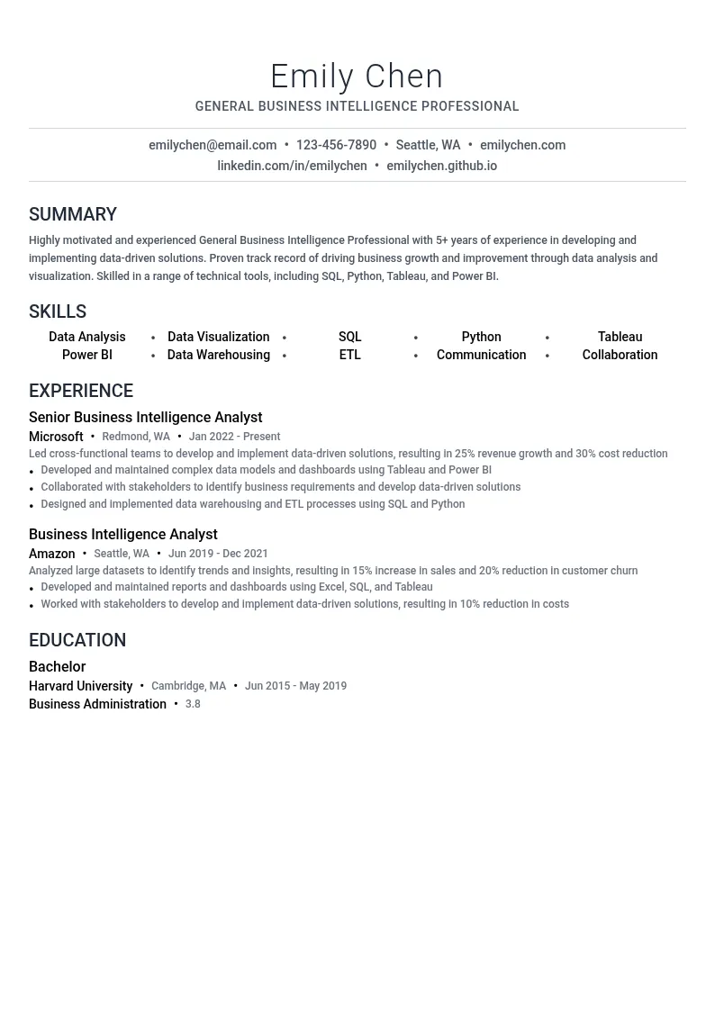 General Business Intelligence Professional resume example