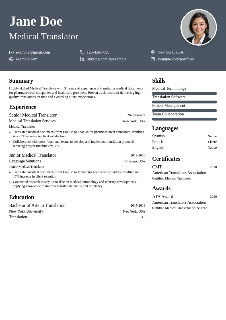 Medical Translator resume example