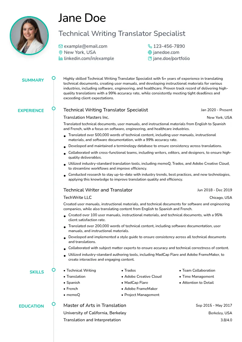 Technical Writing Translator Specialist resume example