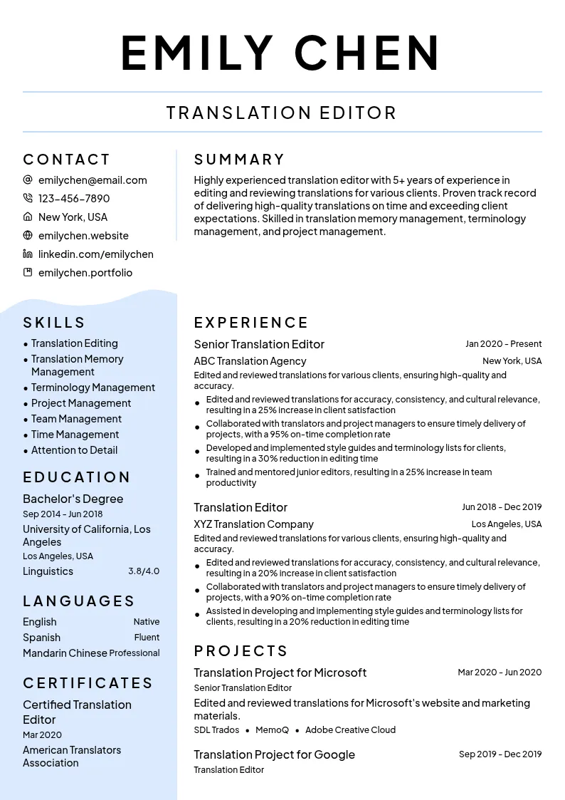 Translation Editor resume example
