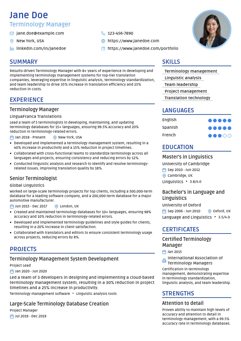 Terminology Manager resume example