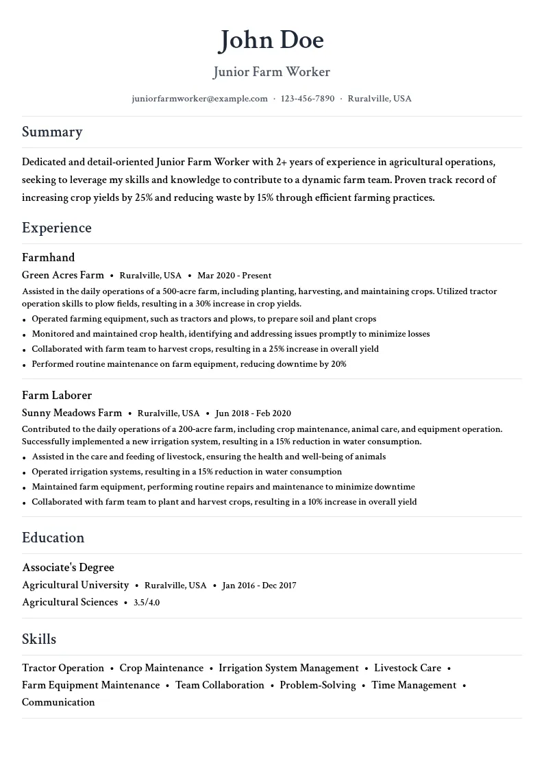 Junior Farm Worker resume example