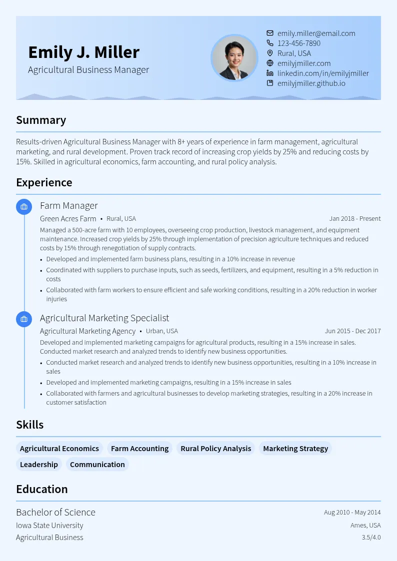 Agricultural Business Manager resume example