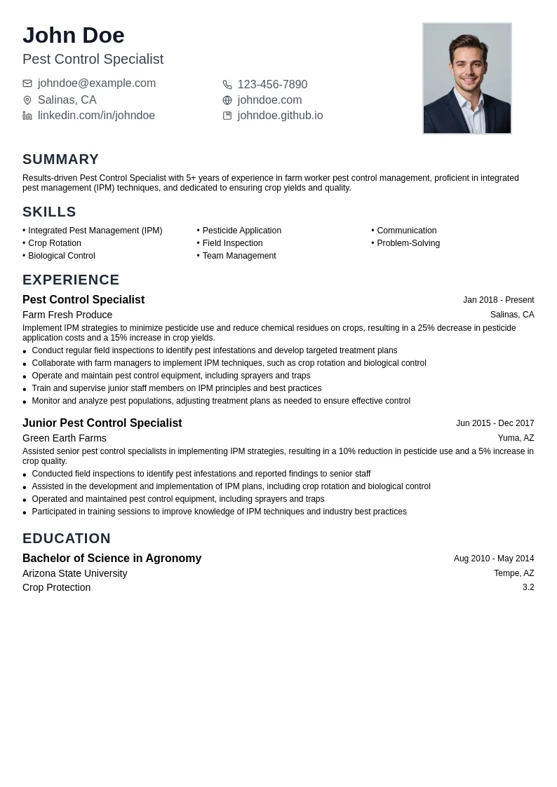 Pest Control Specialist resume example