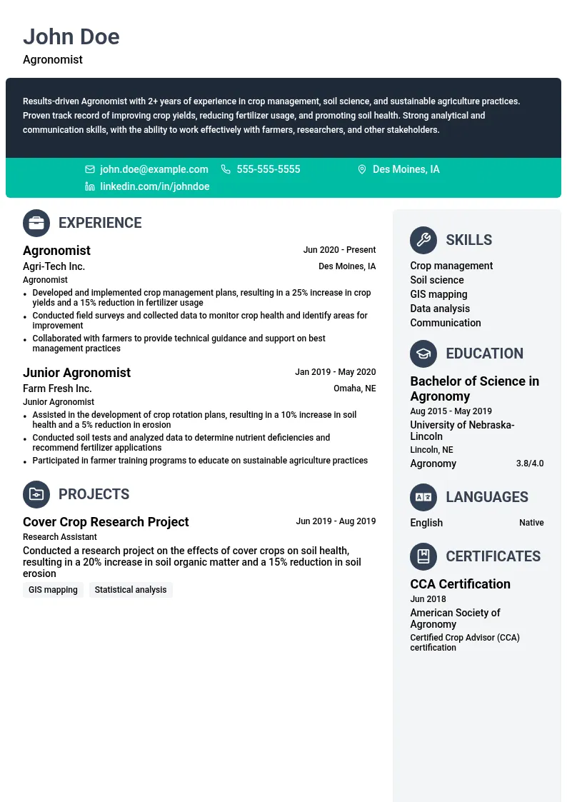 Agronomist resume example