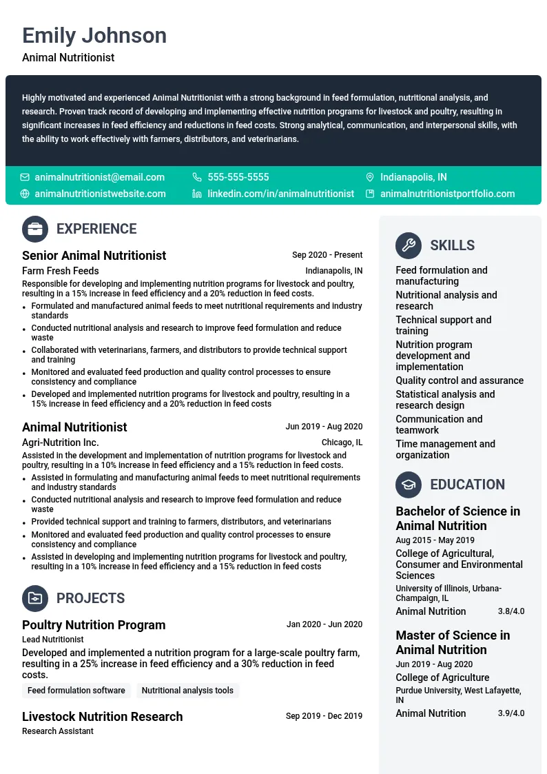 Animal Nutritionist resume example