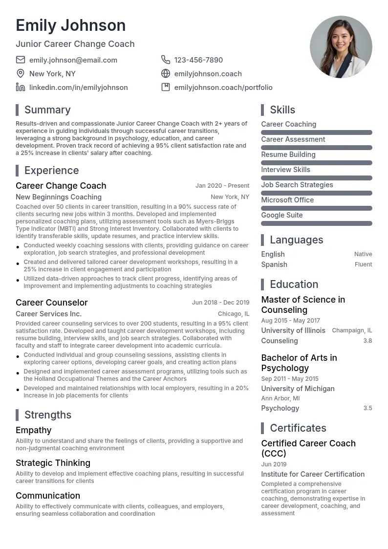 Junior Career Change Coach resume example