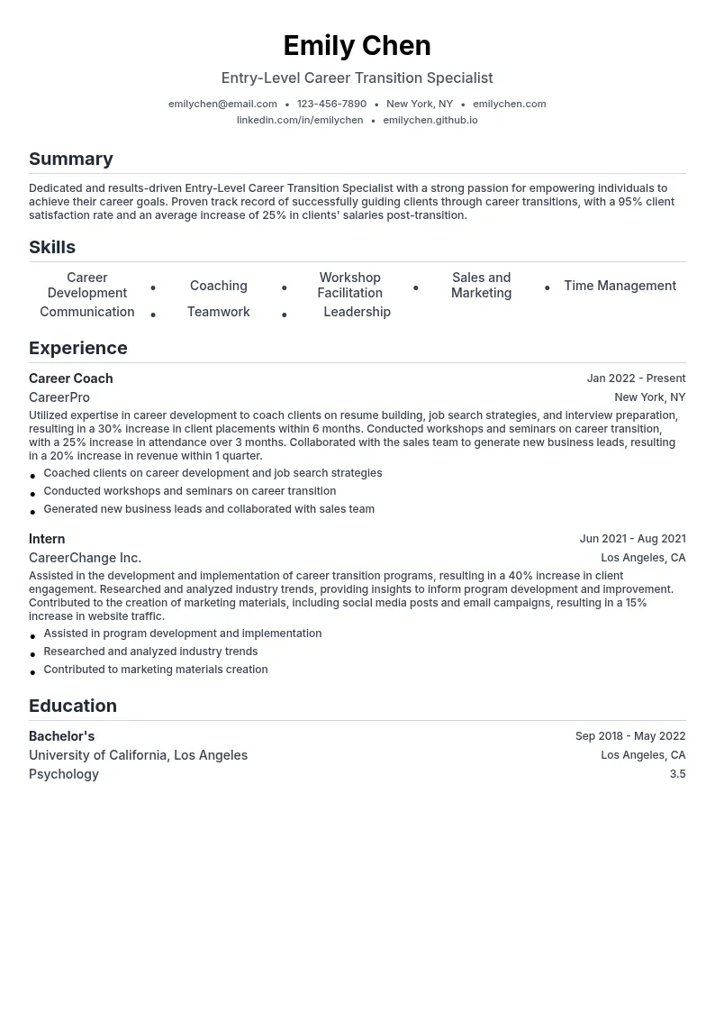 Entry-Level Career Transition Specialist resume example