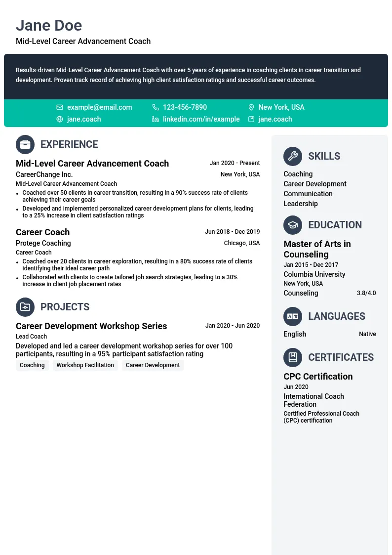 Mid-Level Career Advancement Coach resume example
