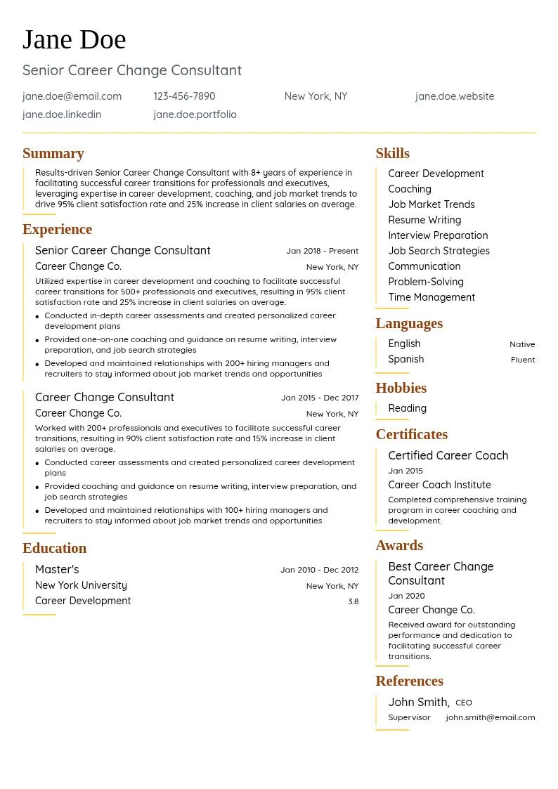 Senior Career Change Consultant resume example