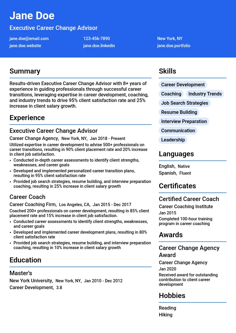 Executive Career Change Advisor resume example