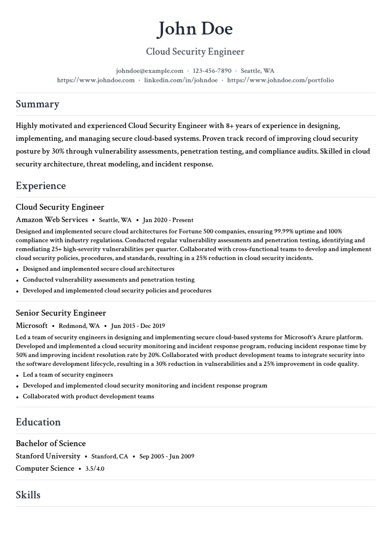 Cloud Security Engineer resume example
