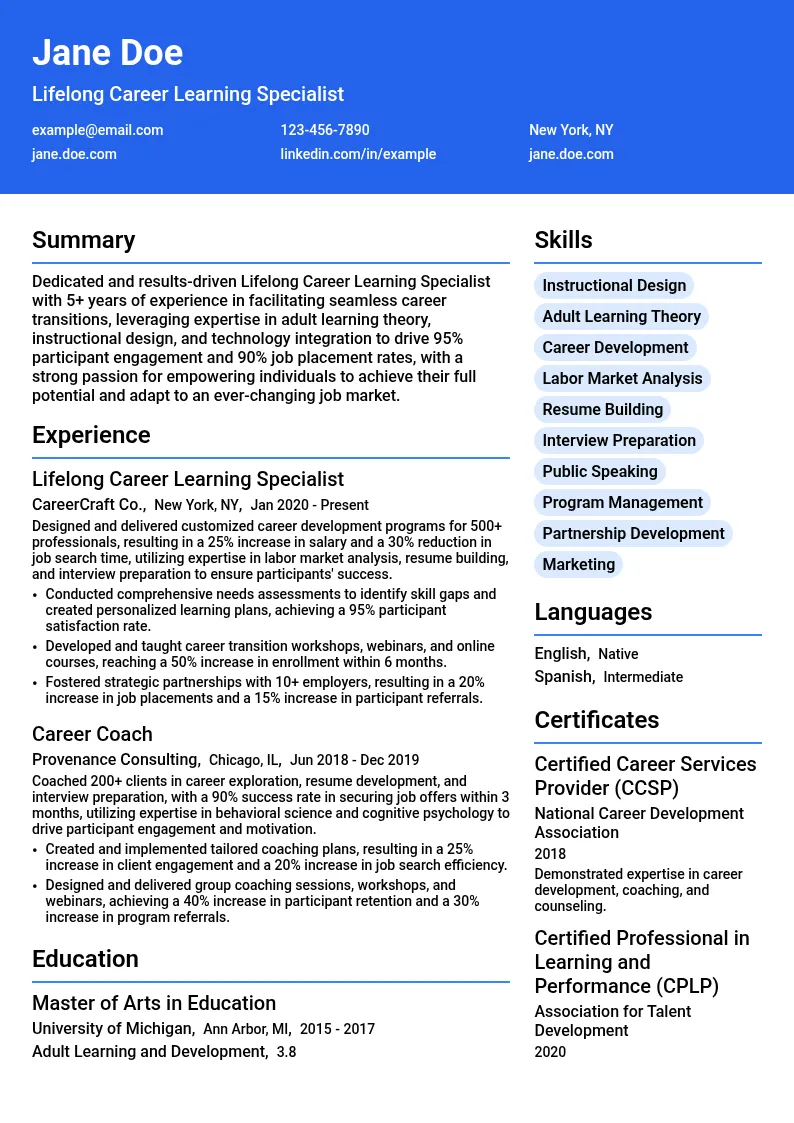 Lifelong Career Learning Specialist resume example