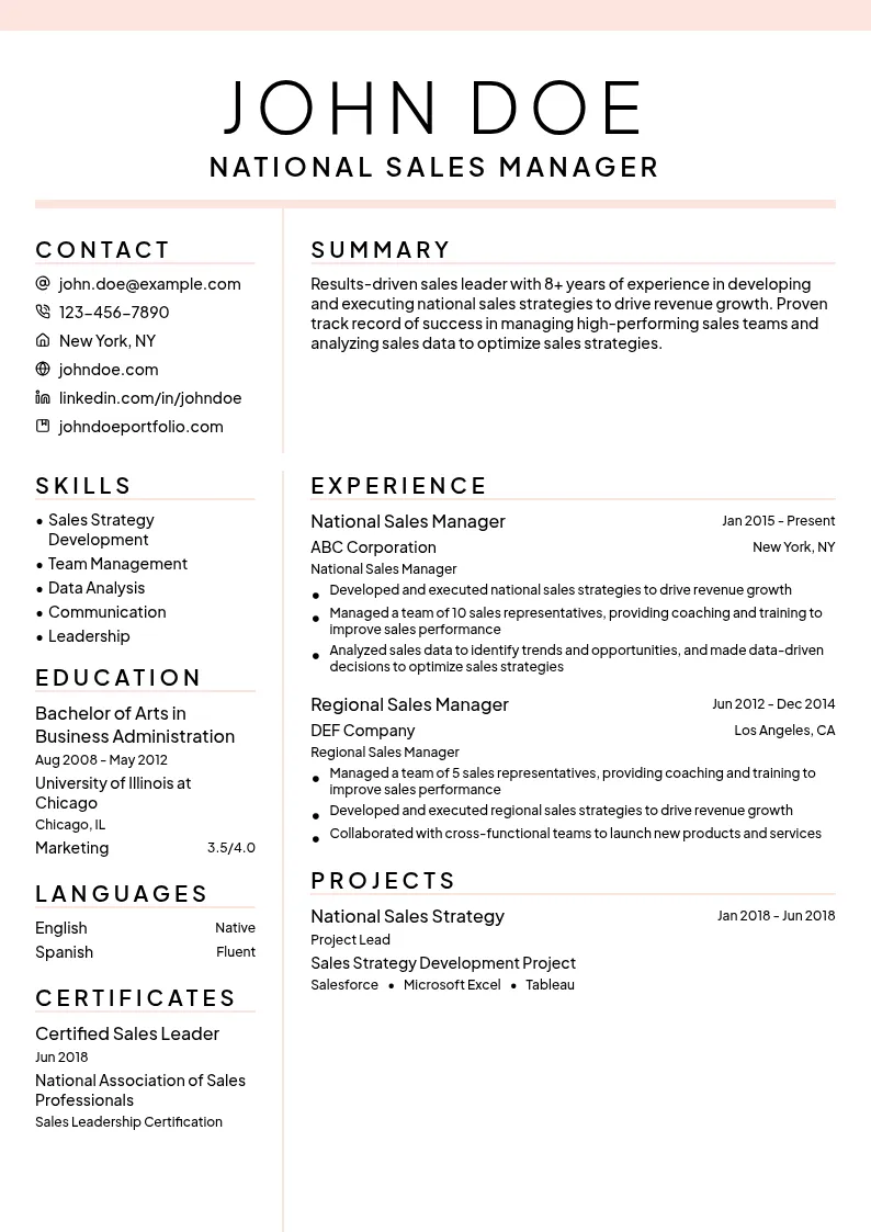 National Sales Manager resume example