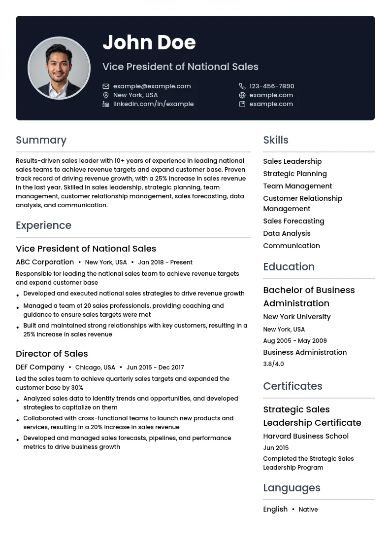 Vice President of National Sales resume example