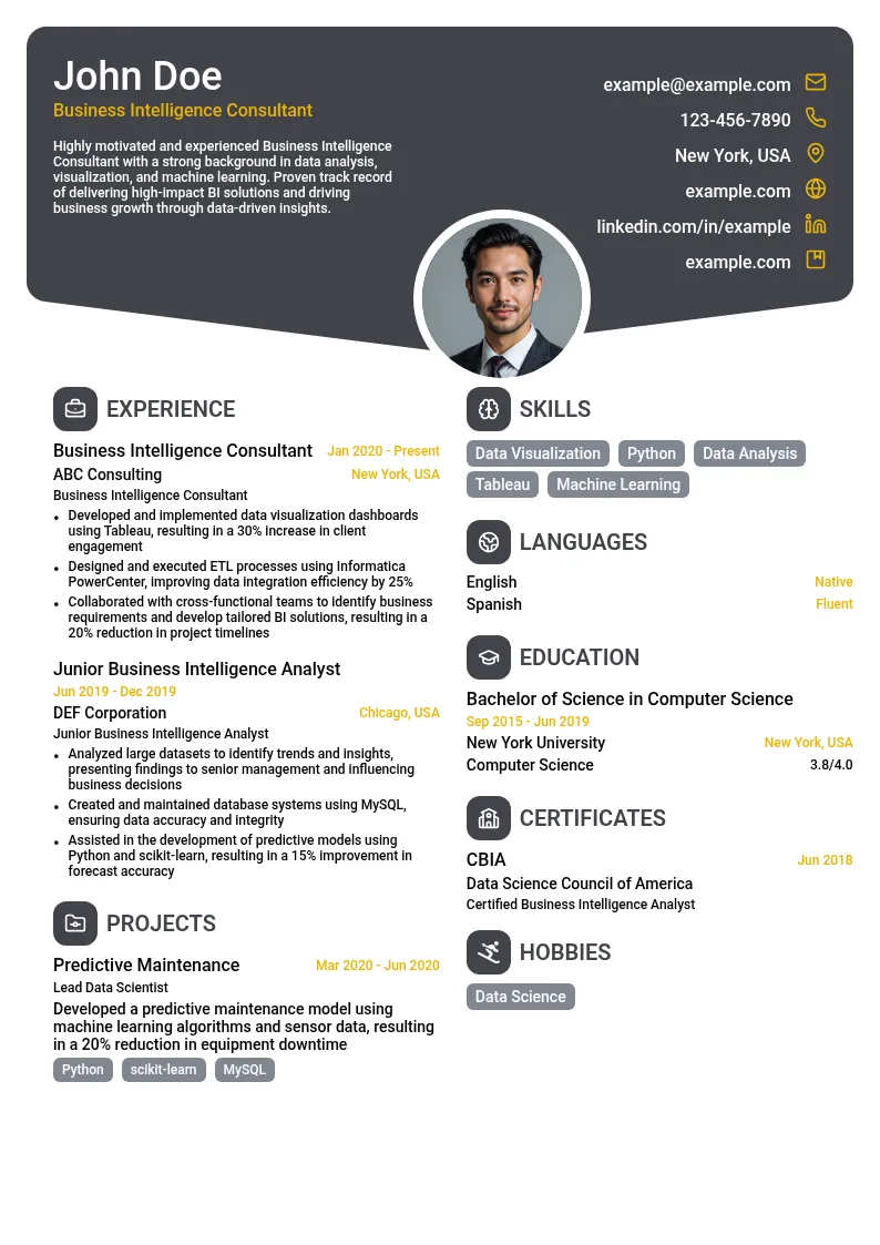 Business Intelligence Consultant resume example