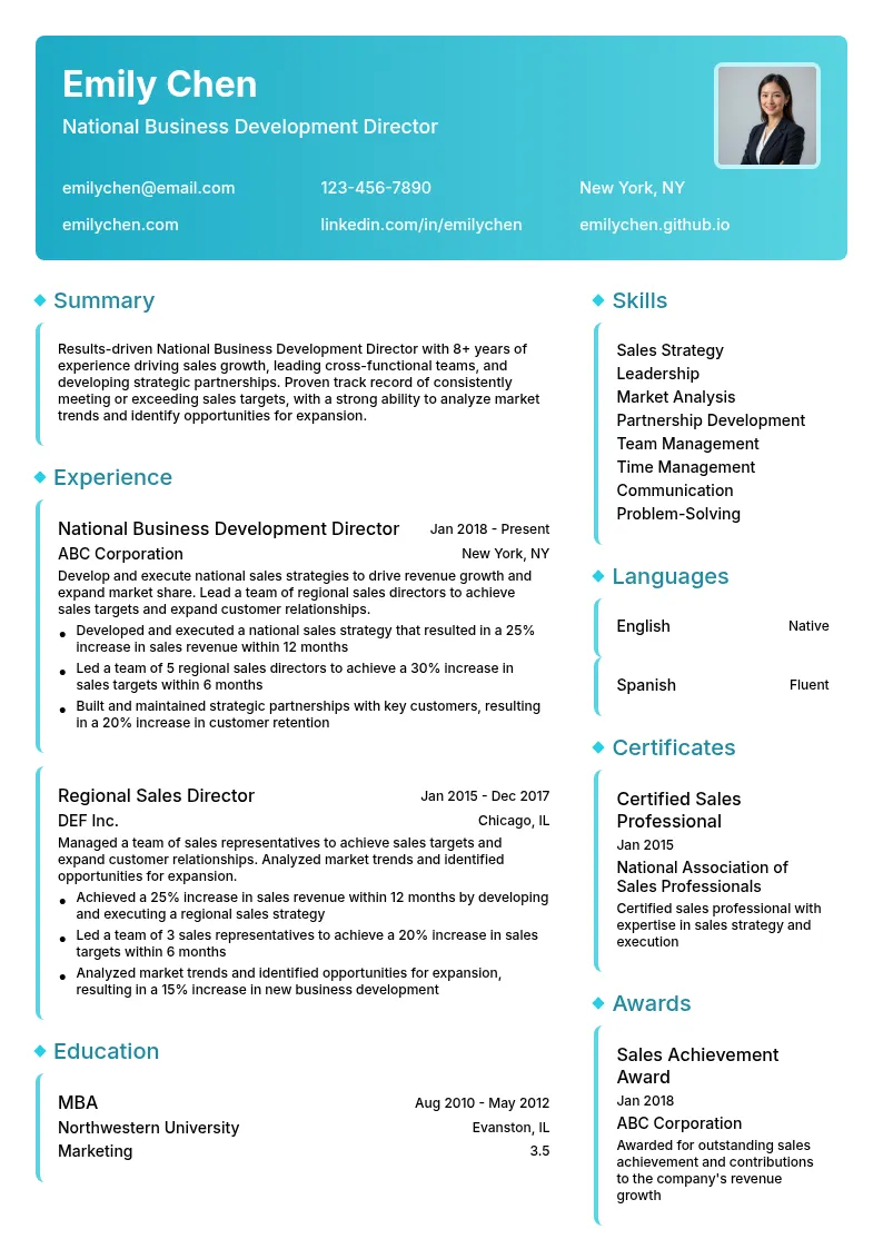 National Business Development Director resume example