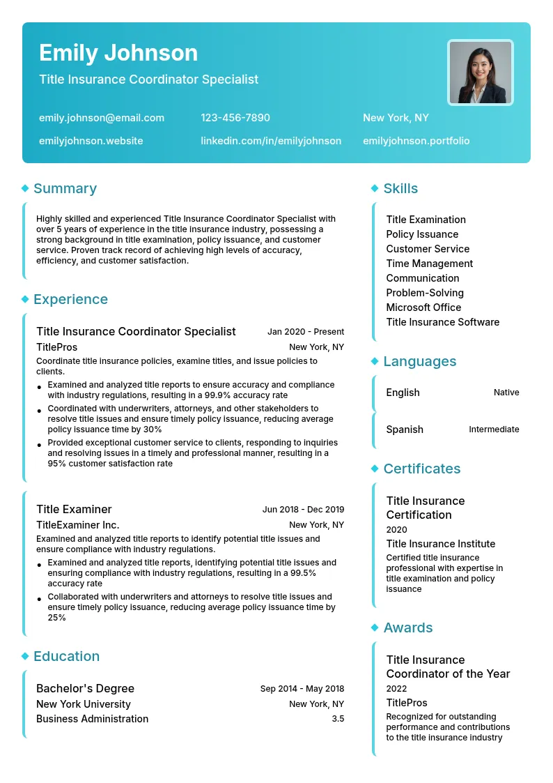 Title Insurance Coordinator Specialist resume example